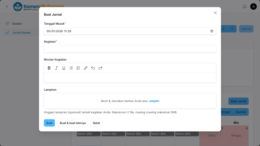 Form tambah jurnal harian