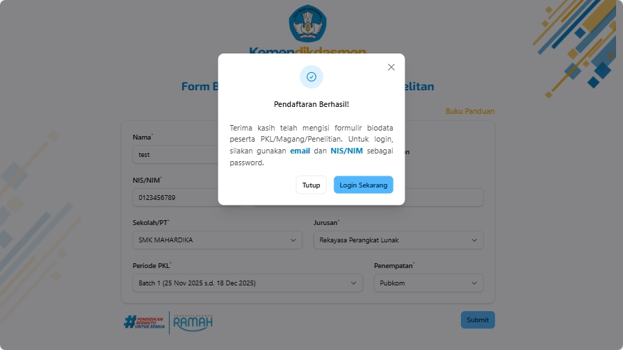 Notifikasi berhasil daftar