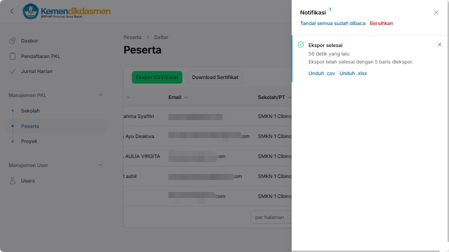 Notifikasi ekspor selesai