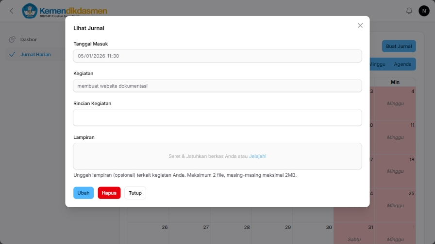 Pop up detail jurnal harian